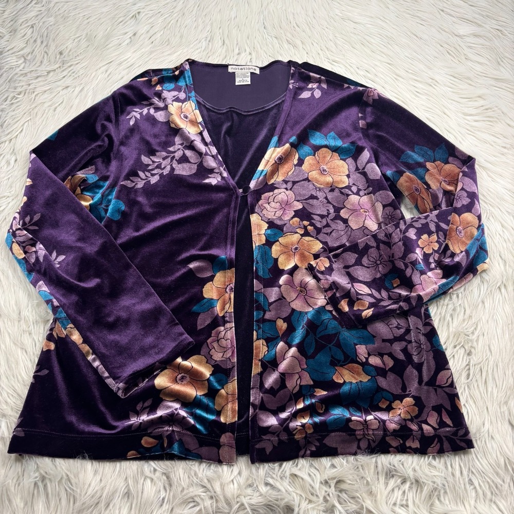 Vintage‎ Notations Women's L Purple Floral Faux Layered Velvet Blouse Whimsigoth